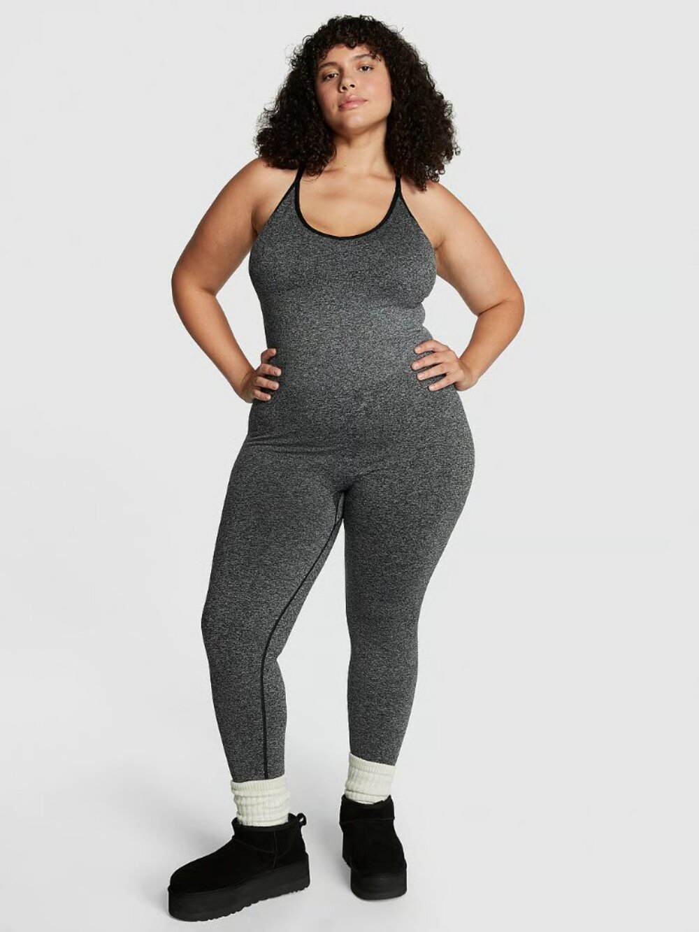 PINK Seamless Workout Onesie Pure Black Marl Large NWT